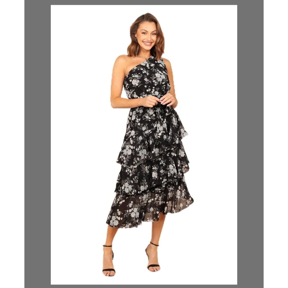 Petal & Pup Brigette One Shoulder Tiered Midi Dress - Black Floral
